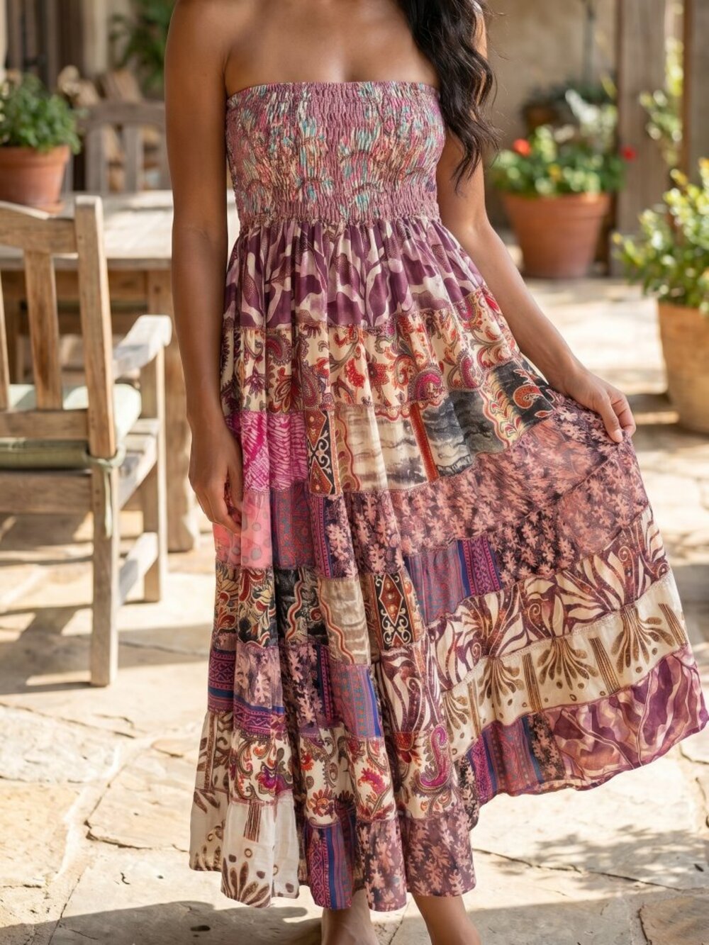 Karma Highway One Size Plus Size Patchwork Boho Maxi Skirt in Purple & Pink